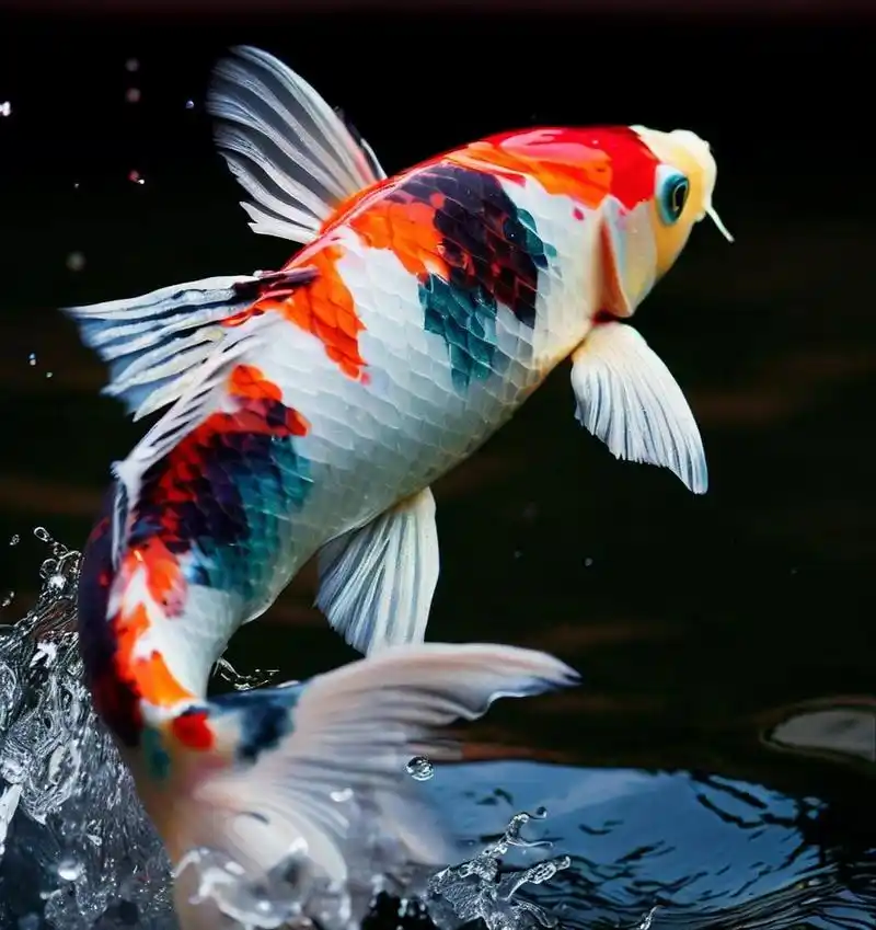 三色锦鲤跃出水面,泛起一朵浪花.