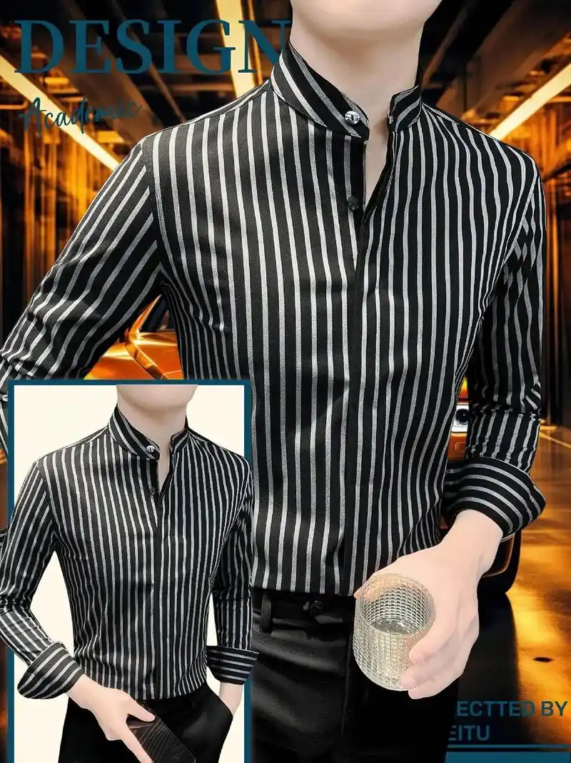 男士高级长袖竖条纹痞帅衬衫商务休闲衬衣.